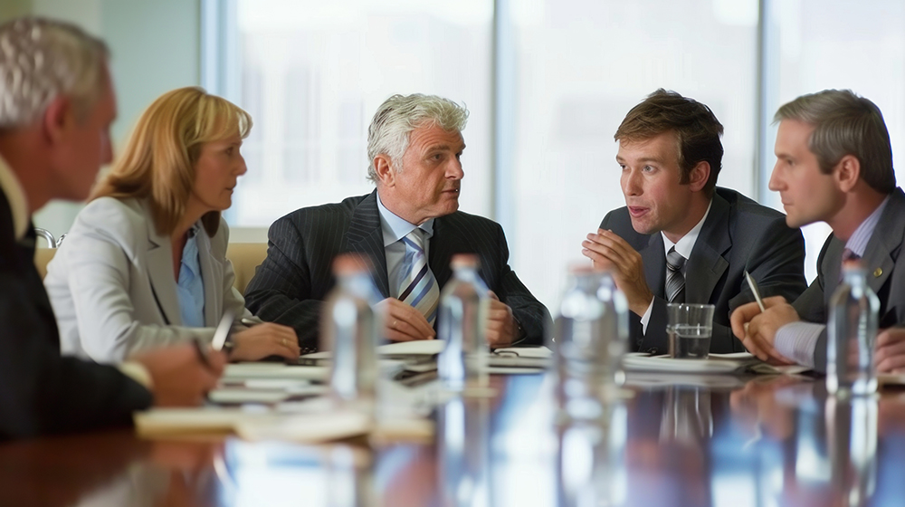 Executives strategizing and making decisions during an executive committee meeting. 